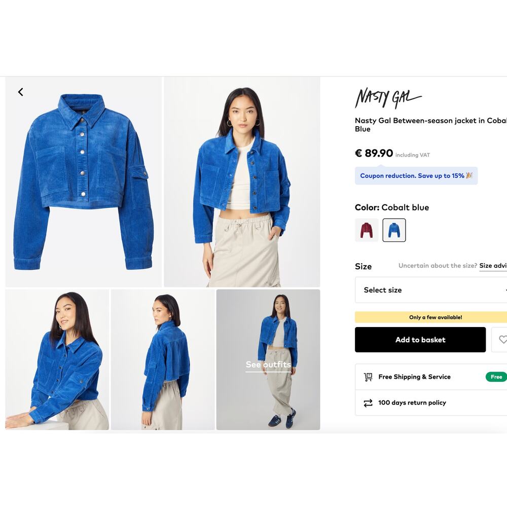 EUC Nasty Gal Royal CobBlue‎ Corduroy Cropped Jacket